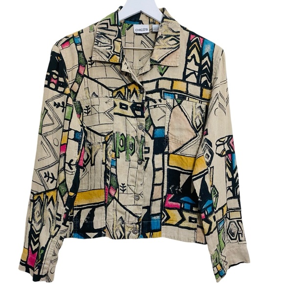 Chico’s 100% Linen Abstract Graffiti Wearable Artistic Button Down Jacket Medium - Picture 2 of 7